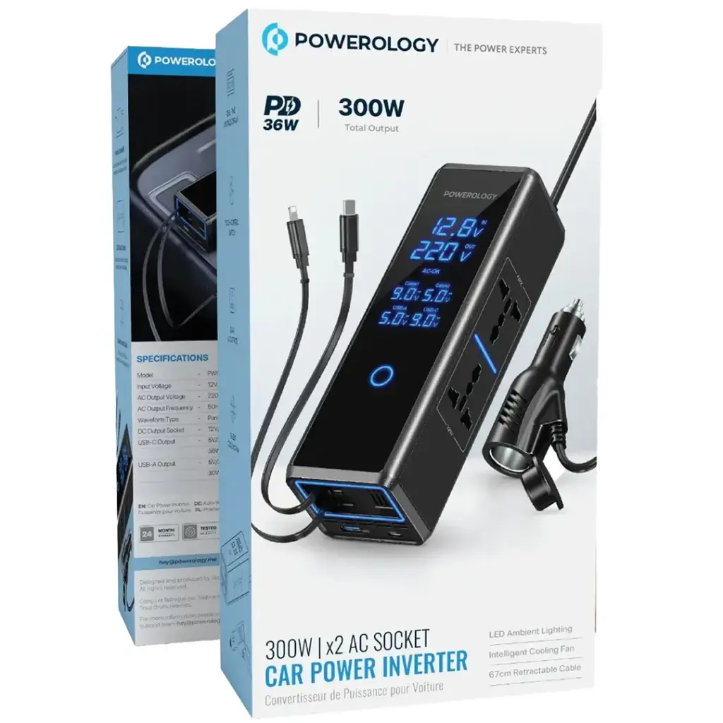 Powerology 300W x2 AC Socket Car Power Inverter - Black