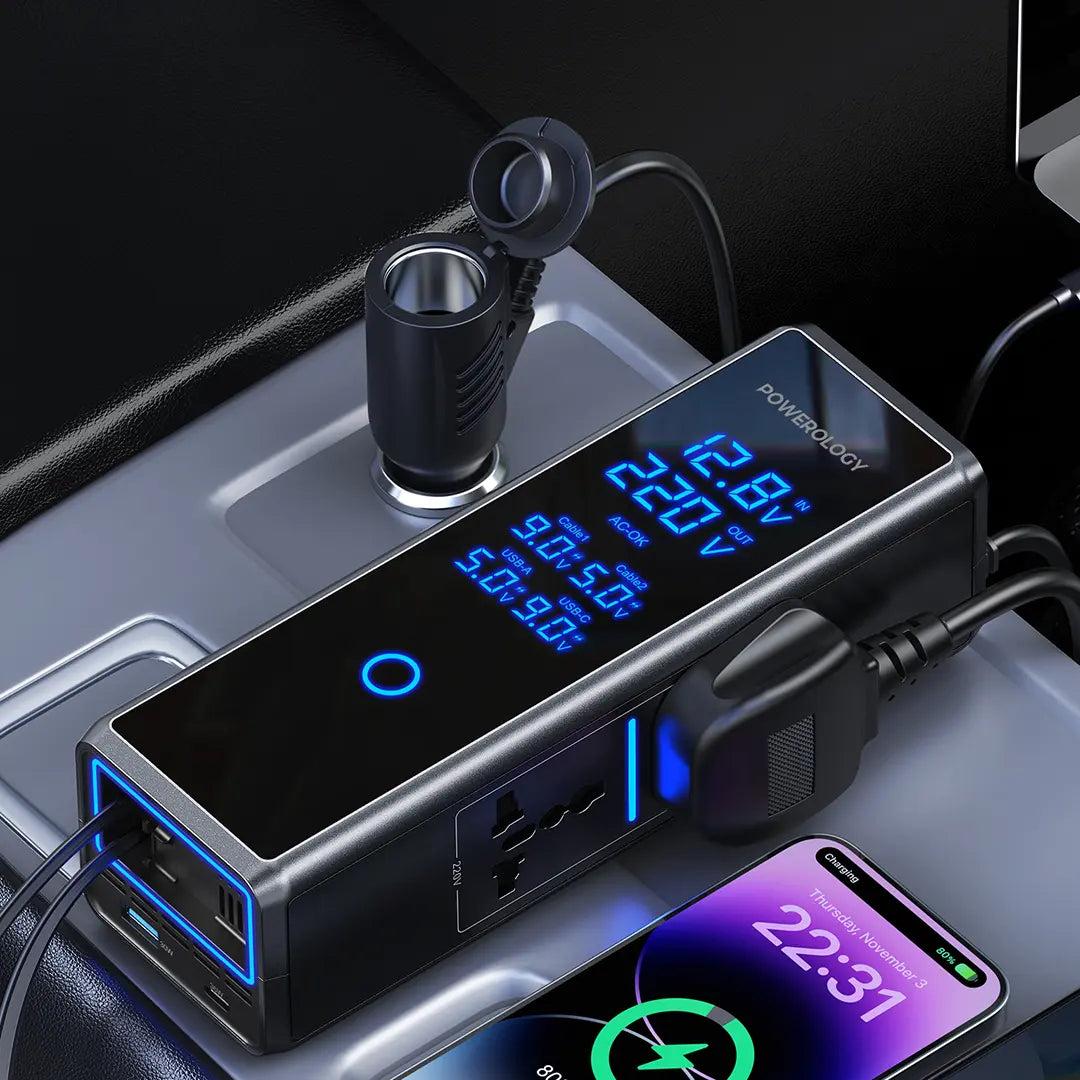 Powerology 300W x2 AC Socket Car Power Inverter - Black