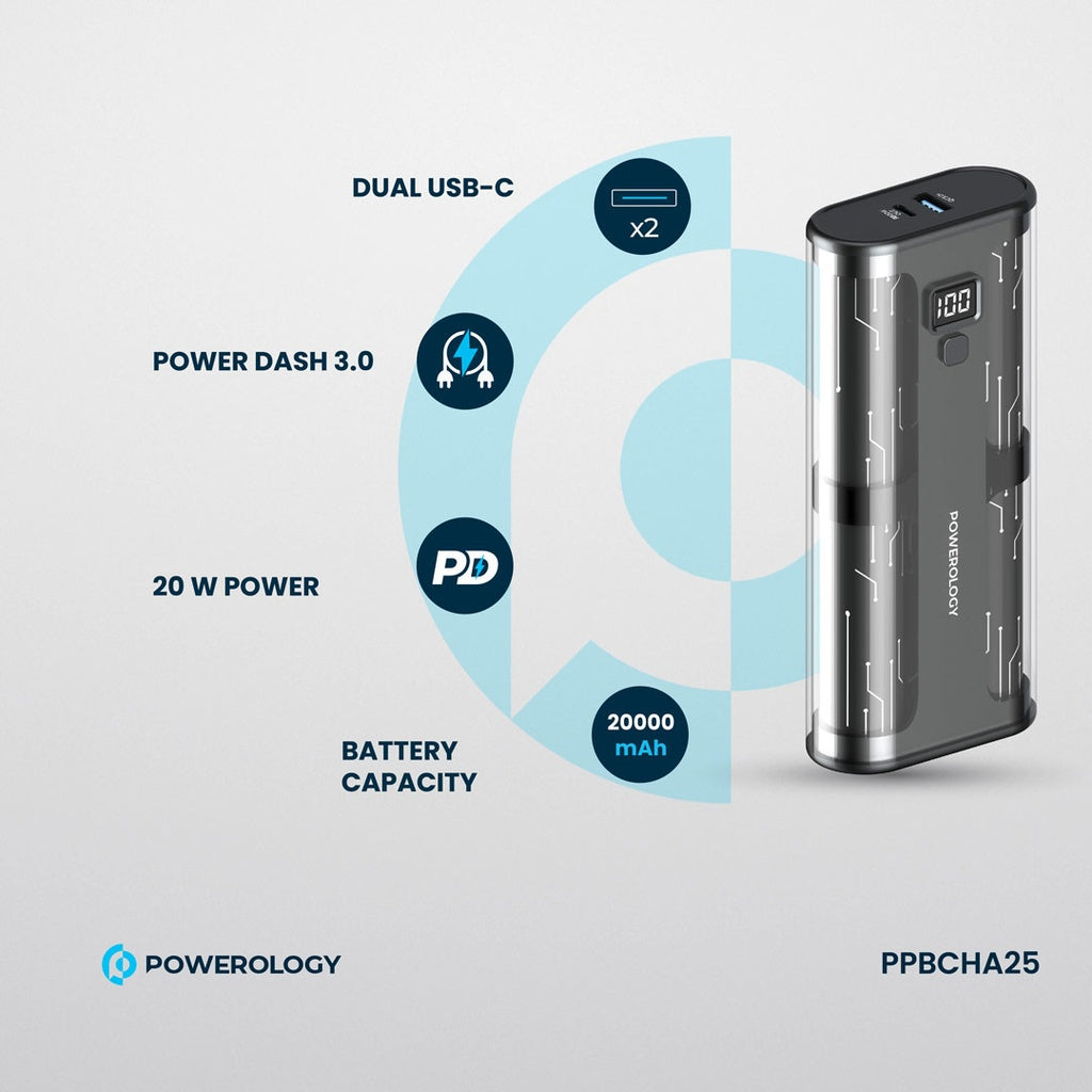 Powerology Crystalline Series Power bank 20000mAh PD 65W - Transparent/Grey