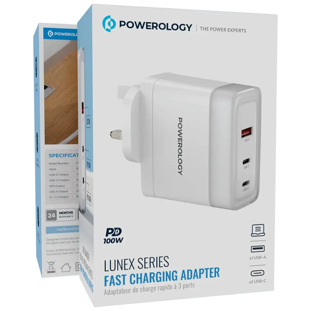 Powerology Lunex Series Fast Charging Adapter PD 100W - White