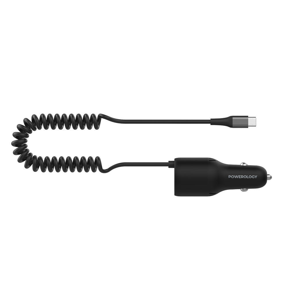 Powerology PD100W+QC18W+Type C Cable 20W LED Dual Ports Car Charger With Coiled Cable - Black