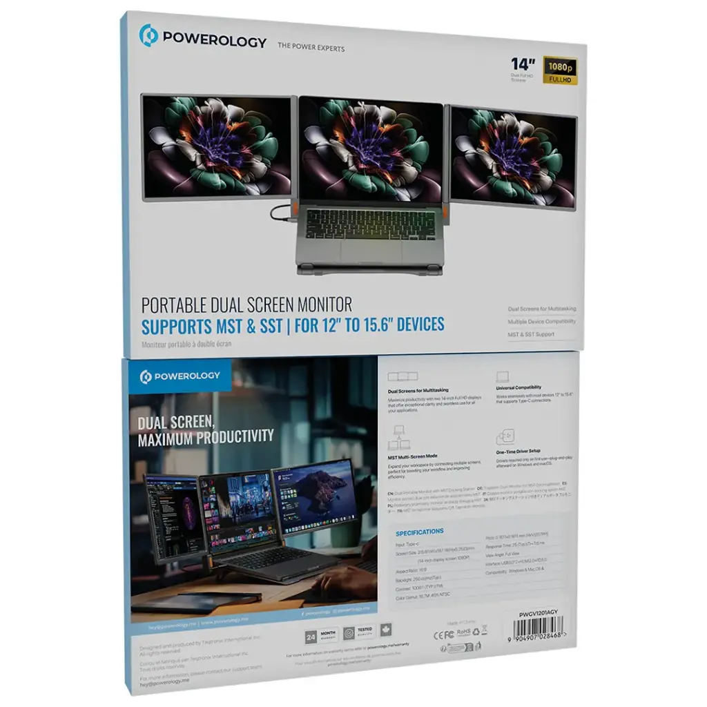 Powerology Portable Dual Screen Monitor - Gray