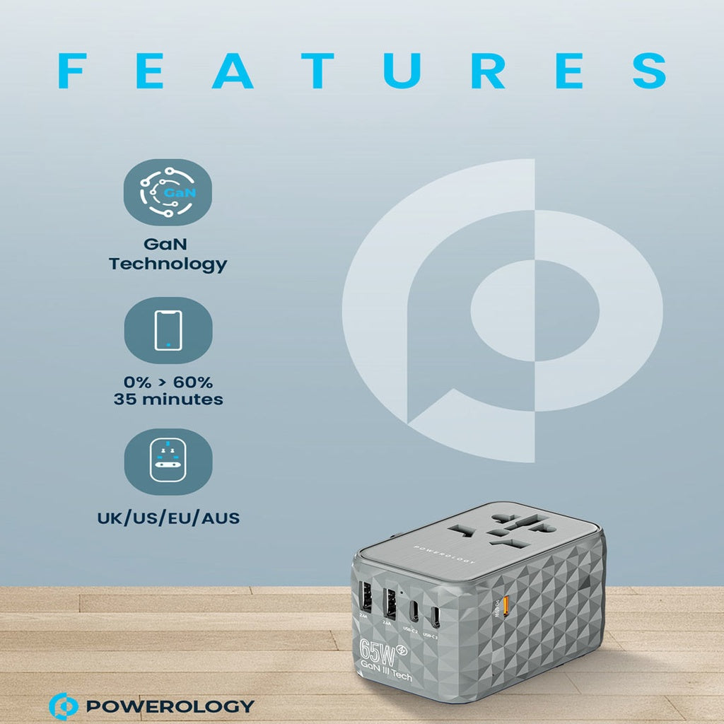 Powerology Universal Multi-Port Travel Adapter PD 65W ( 3X Type-C / 2X USB-A Ports )