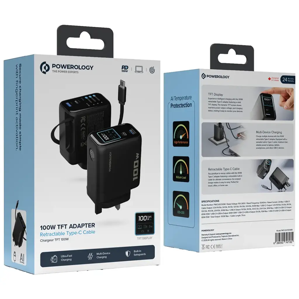 Powerology 100W GaN TFT Adapter with Retractable Type-C Cable – Black