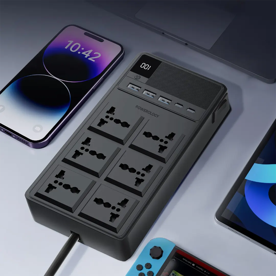 Powerology 2500W 6AC Power Strip with Built-In Retractable Cables - Black