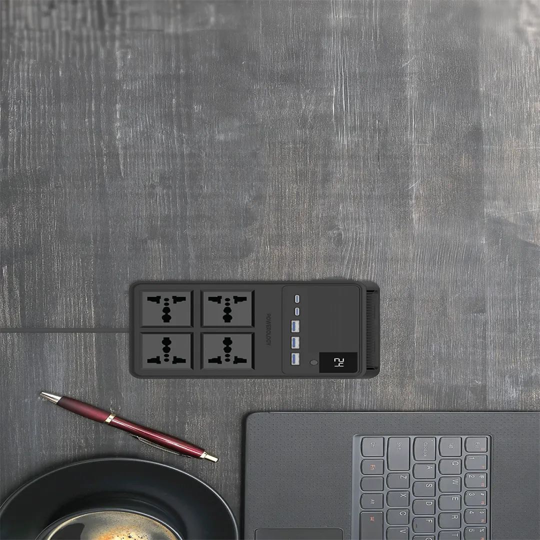 Powerology 2500w 4 AC Power Strip with Built-In Retractable Cables - Black