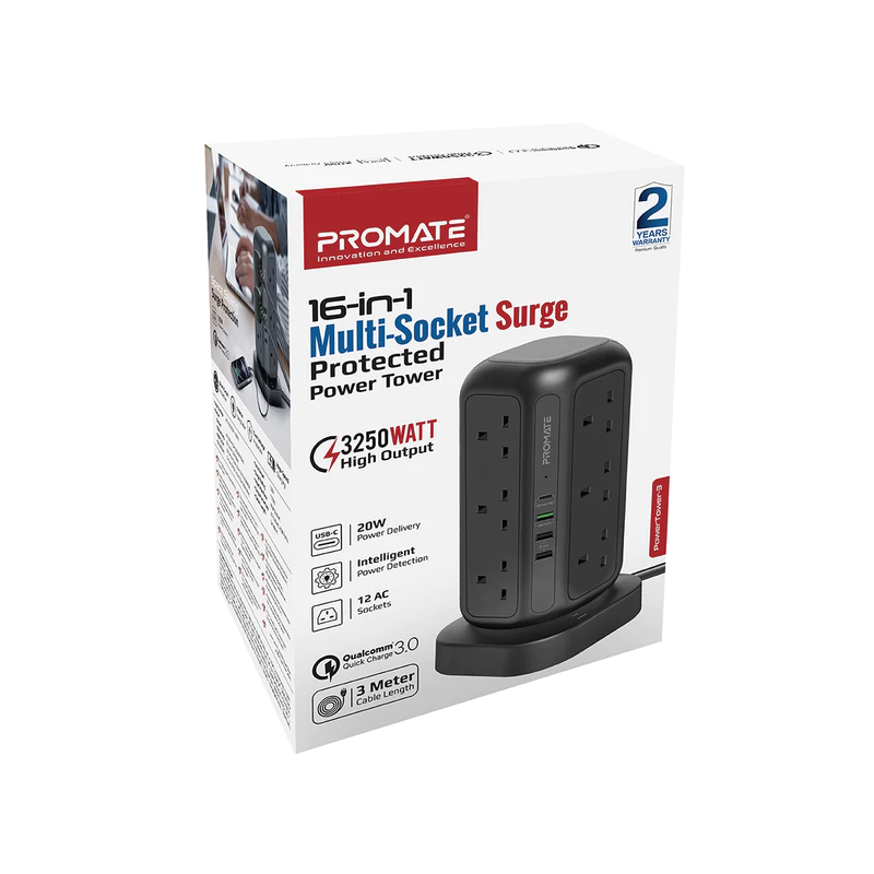 Promate 16-in-1 Multi-Socket Surge Protected Power Tower - Phonology