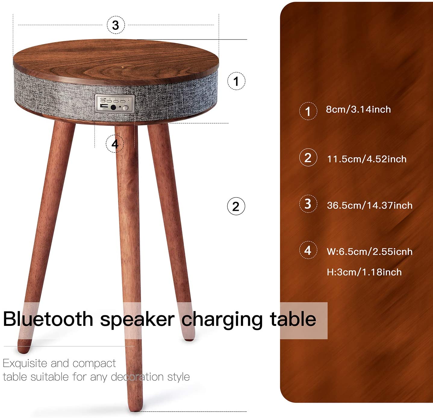 Round Smart Coffee Table with Bluetooth Portable Multifunctional HD Speakers 360 Surround Built-in QI Wireless Charger USB AUX Input Beside Modern Wood Smart Spearker Outdoor End Table