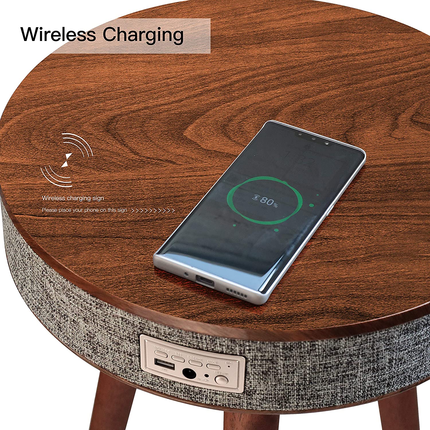 Round Smart Coffee Table with Bluetooth Portable Multifunctional HD Speakers 360 Surround Built-in QI Wireless Charger USB AUX Input Beside Modern Wood Smart Spearker Outdoor End Table