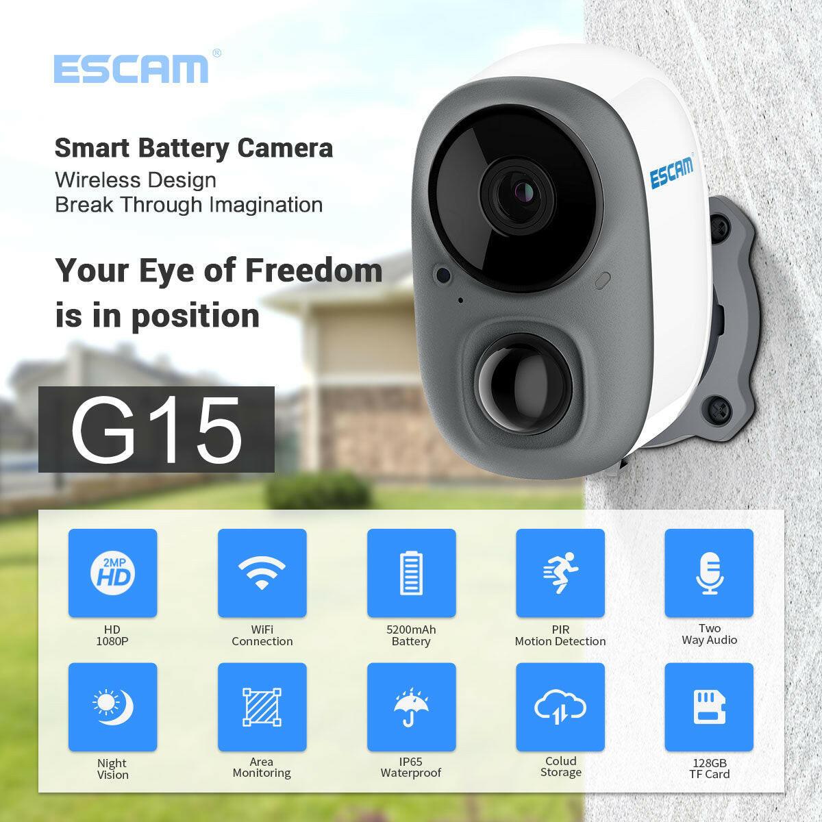 ESCAM 1080P FULL HD AI RECOGNITION RECHARGEABLE BATTERY PIR ALARM CLOUD STORAGE WIFI CAMERA - Phonology