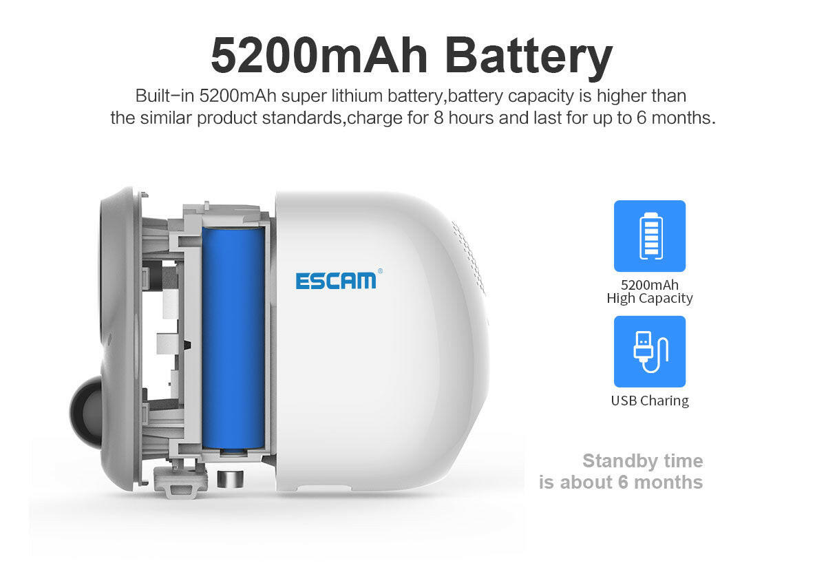ESCAM 1080P FULL HD AI RECOGNITION RECHARGEABLE BATTERY PIR ALARM CLOUD STORAGE WIFI CAMERA - Phonology