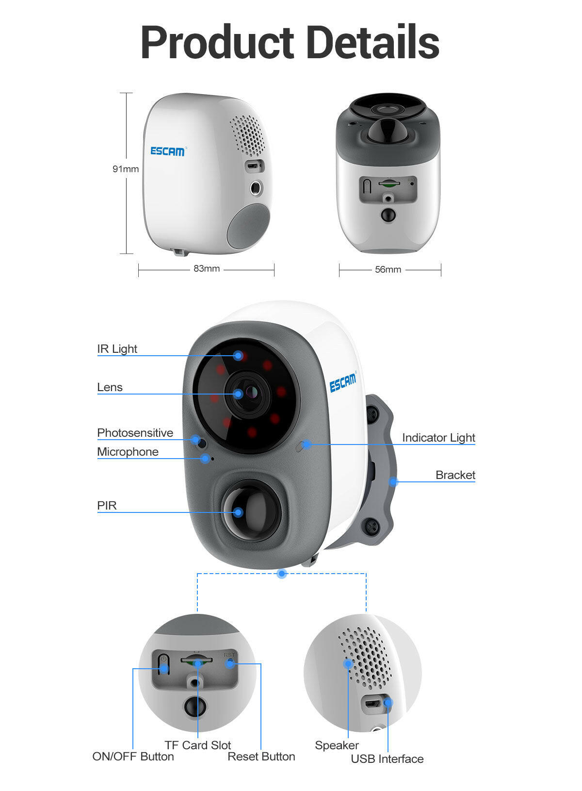 ESCAM 1080P FULL HD AI RECOGNITION RECHARGEABLE BATTERY PIR ALARM CLOUD STORAGE WIFI CAMERA - Phonology