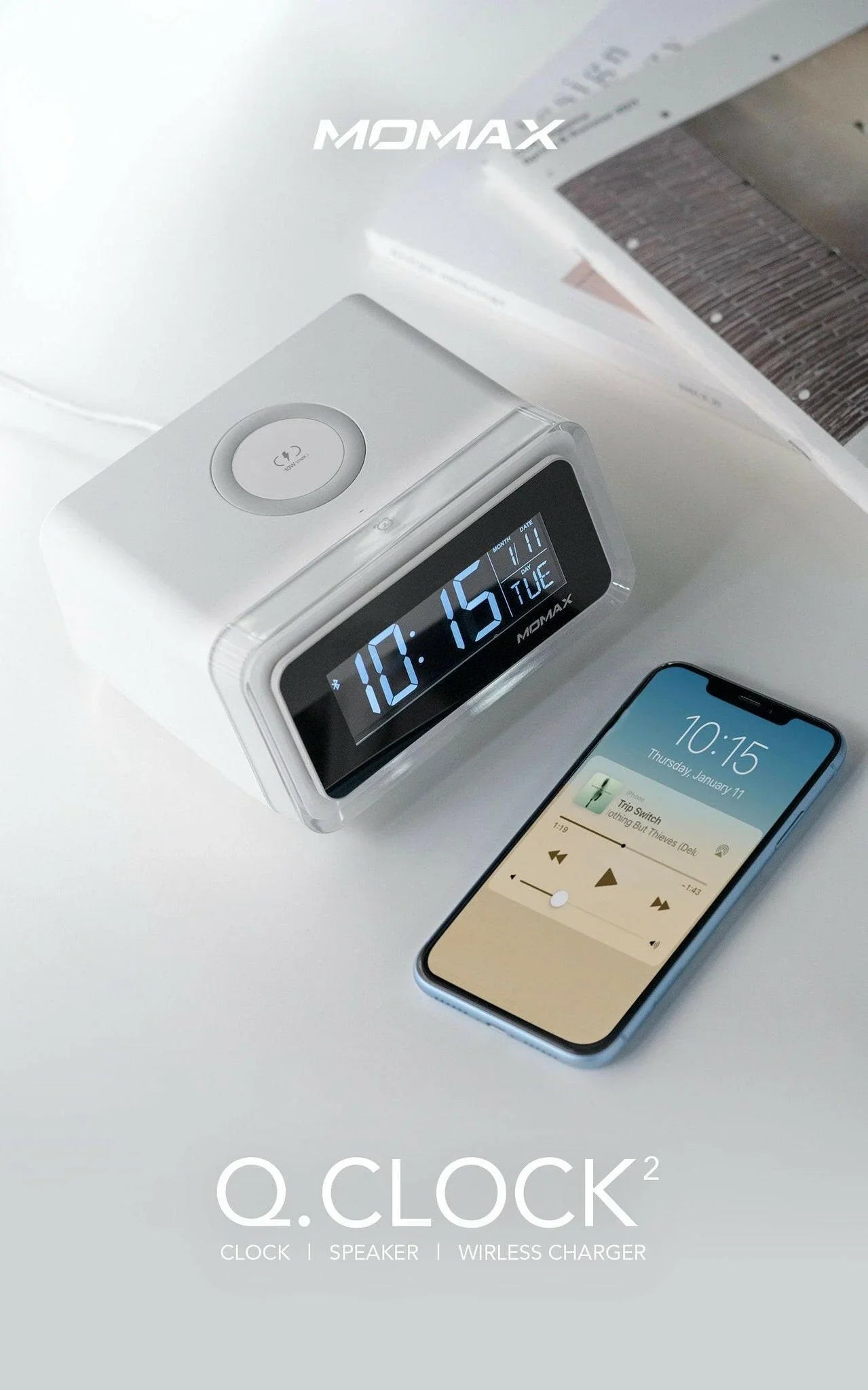 Momax Q. Clock 2 Digital Clock with Wireless Charger - Phonology